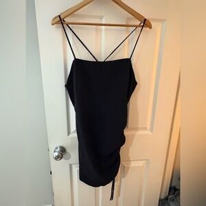 Zara NWOT ruched square neck strappy mini dress black size large